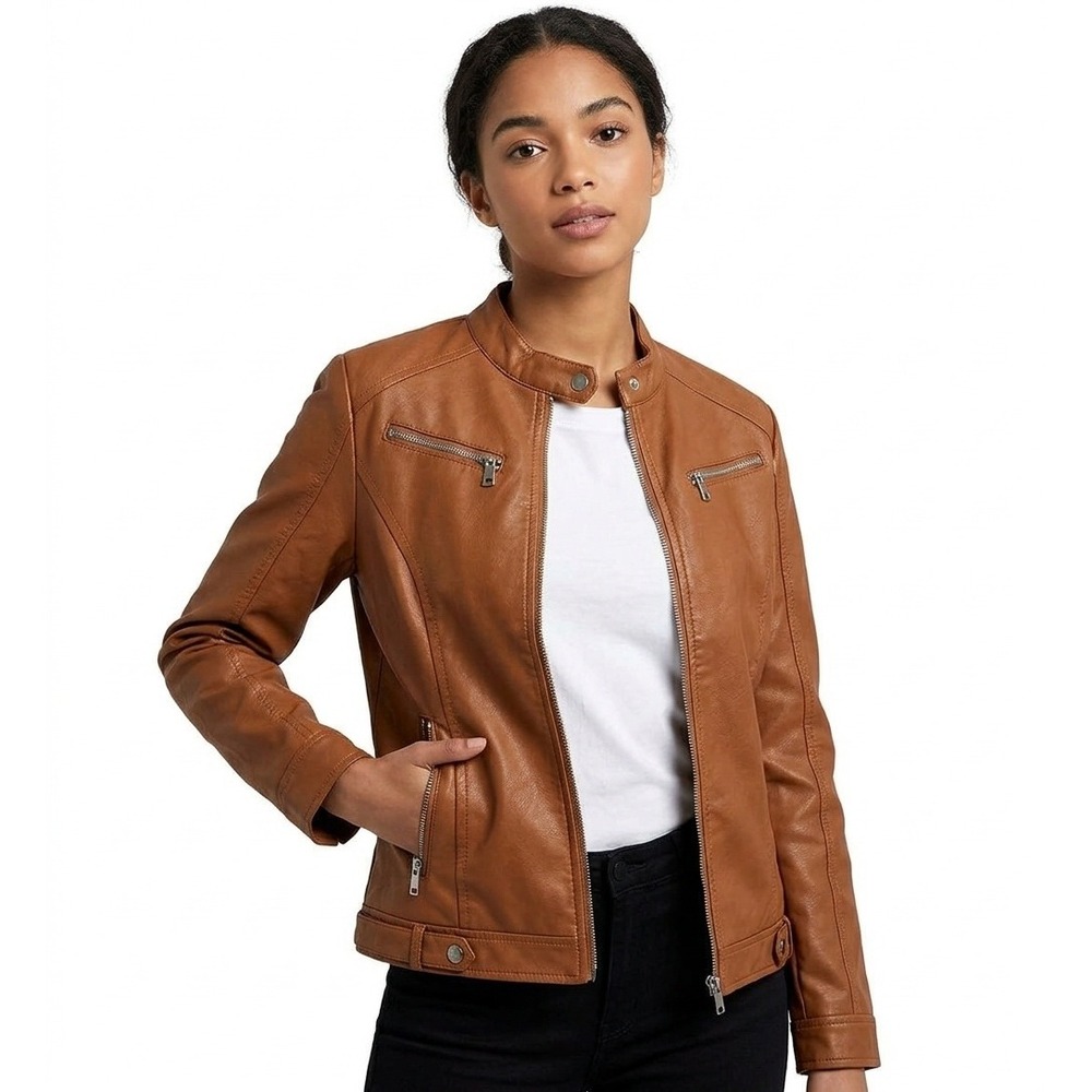 2Sable Faux Leather Moto Jacket Tan Brown Zip Up - Large